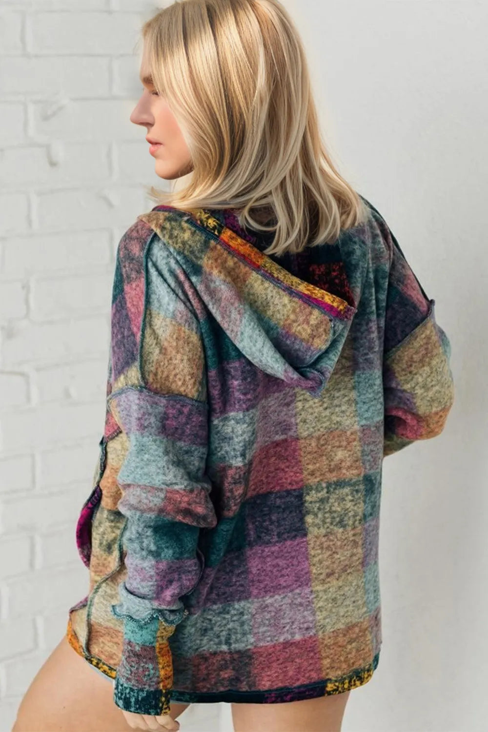 Double Take Full Size Half Button Thumbhole Long Sleeve Fleece Hoodie in Multicolored, view 2