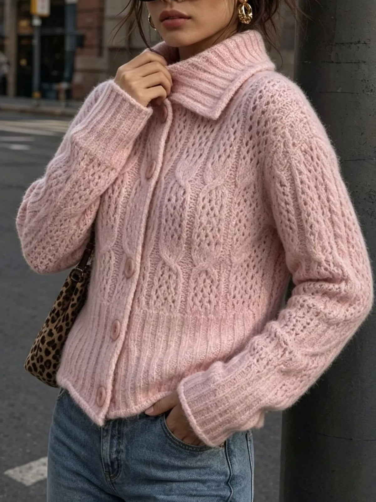 Cable-Knit Button Up Cardigan in Pink