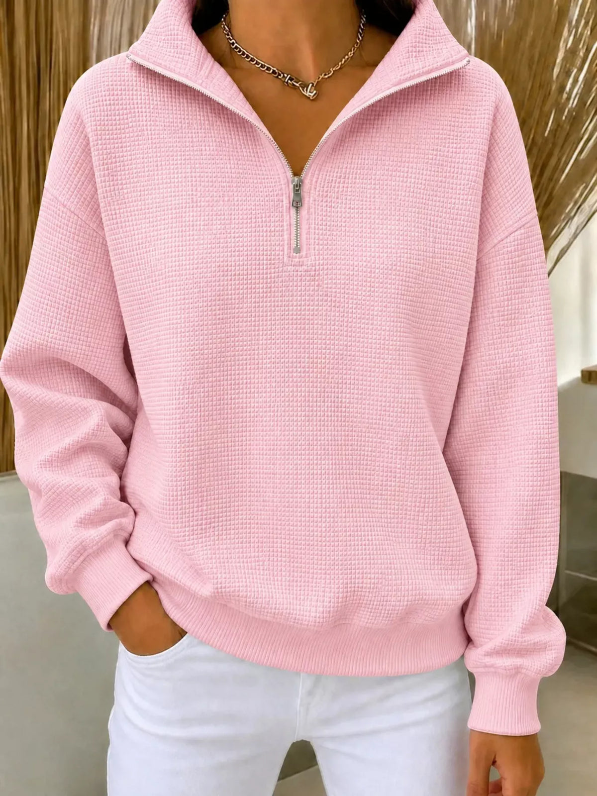 Full Size Waffle Knit Quarter-Zip Sweatshirt Plus Size - Lilixa.store