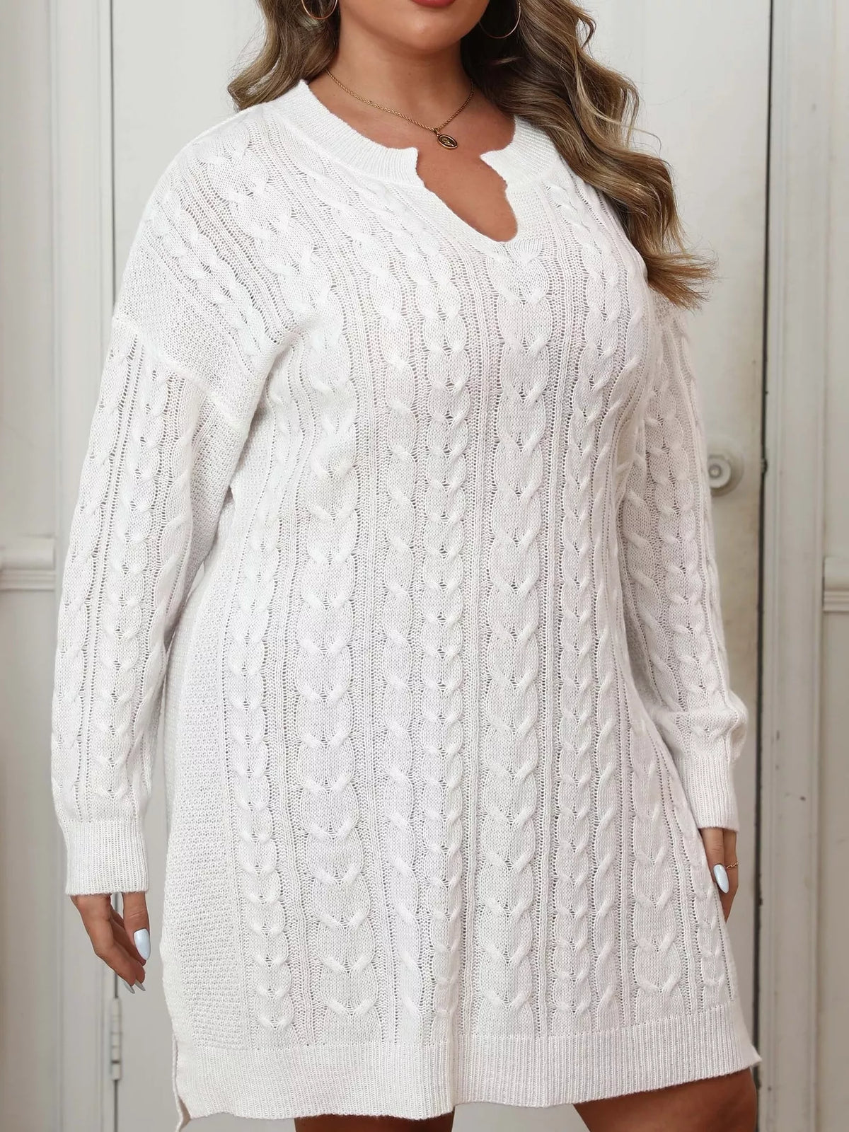 Plus Size Cable Knit Long Sleeve Sweater Dress - Lilixa.store