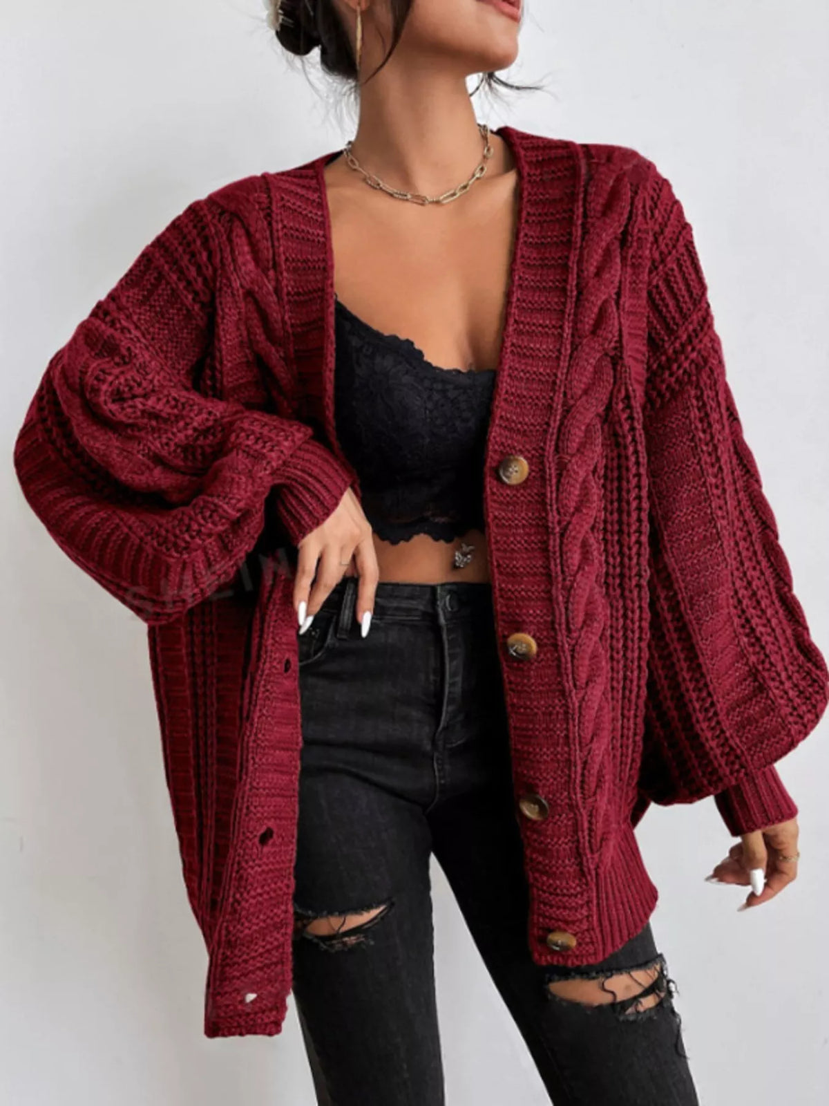 Cable Knit V-Neck Button-Down Cardigan - Lilixa.store
