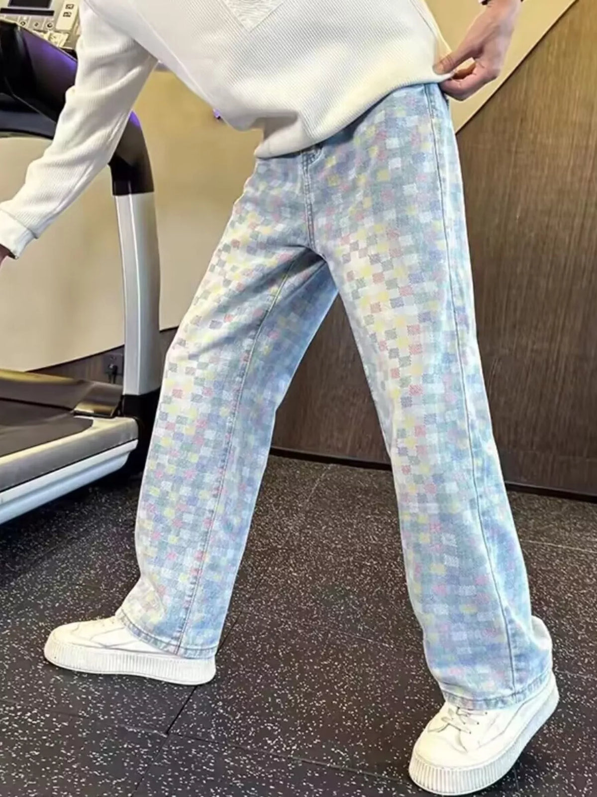 Men's Full Size Pastel Checkerboard Wide-Leg Jeans Plus Size