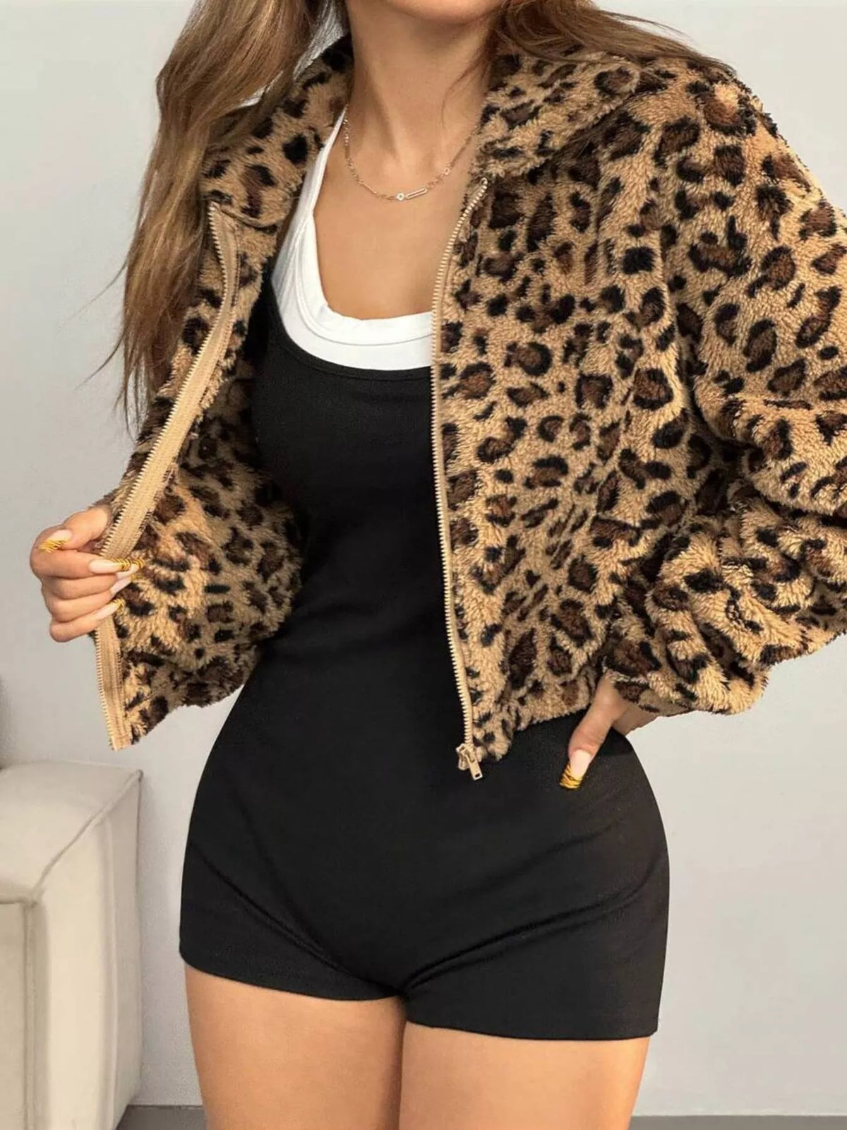 Leopard Print Fuzzy Cropped Jacket, view 4