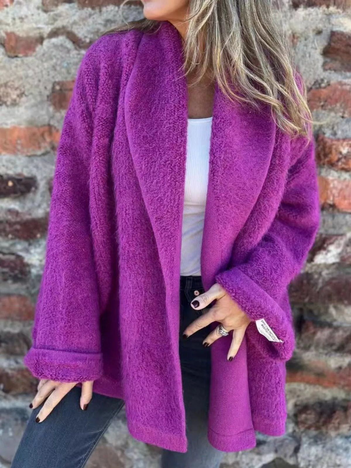 Open Front Long Sleeve Fluffy Jacket in Purple