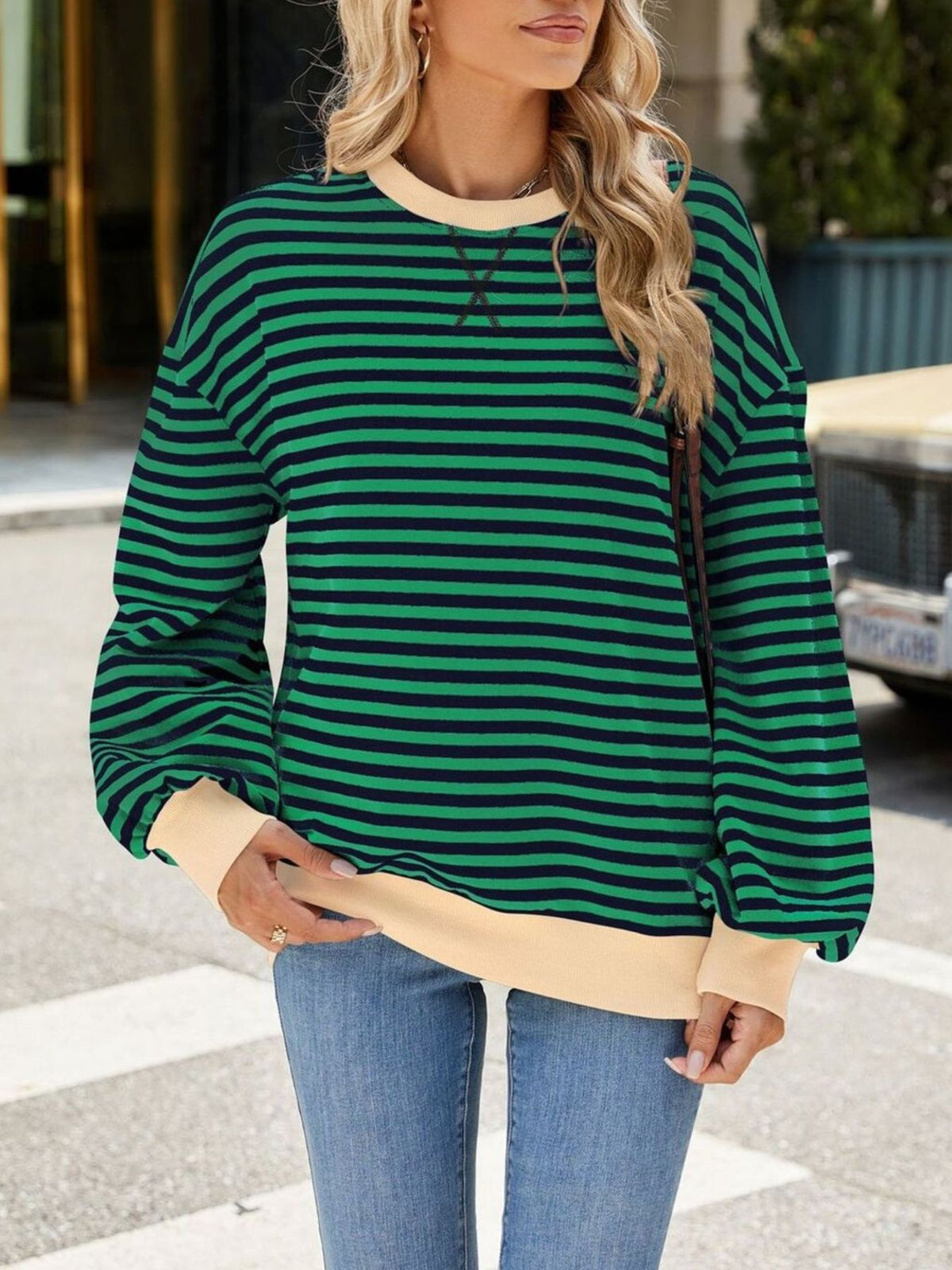 Striped Crew Neck Long Sleeve Sweatshirt, view 24