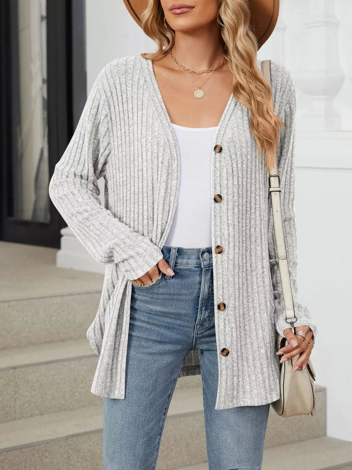 Ribbed Button-Up Cardigan - Lilixa.store