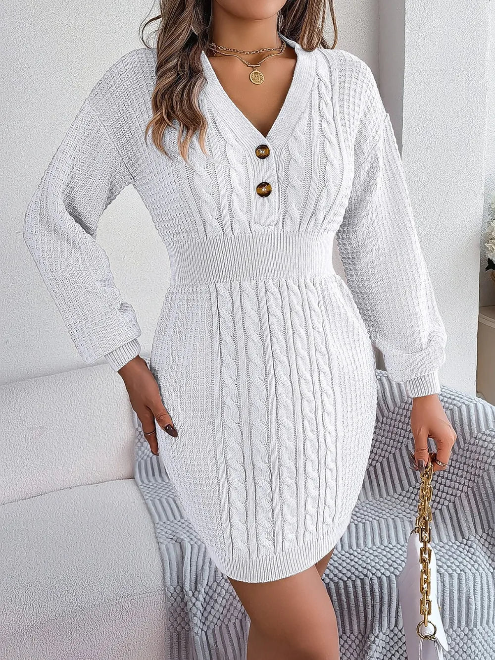 Buttoned Cable-Knit V-Neck Sweater Dress, view 5
