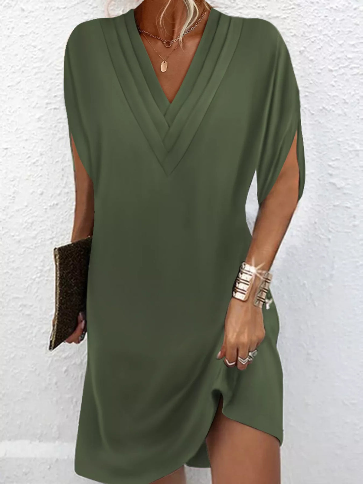 Full Size V-Neck Slit Sleeve Mini Dress Plus Size - Lilixa.store