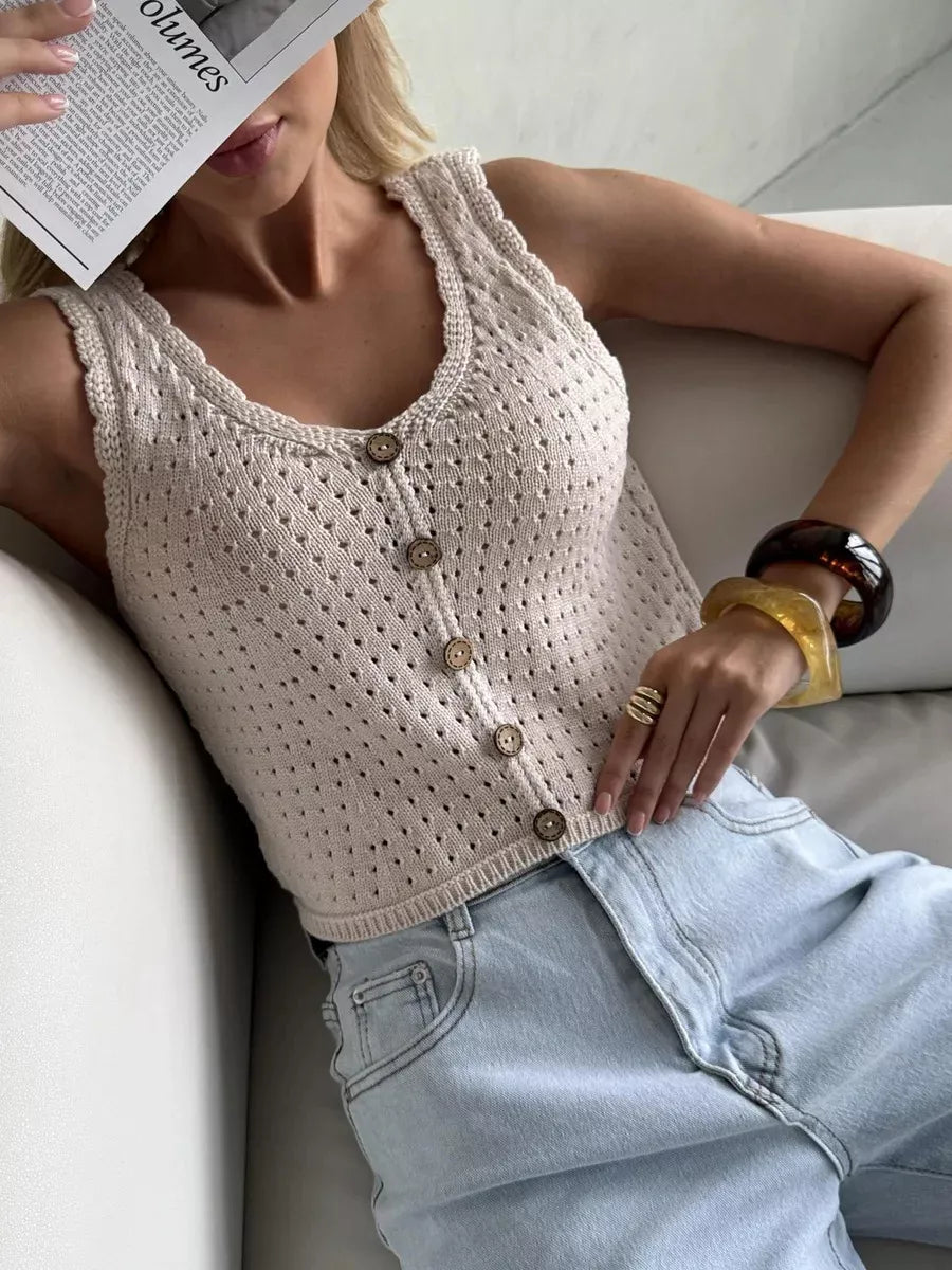 Crochet Decor Button Eyelet Knit Vest, view 5