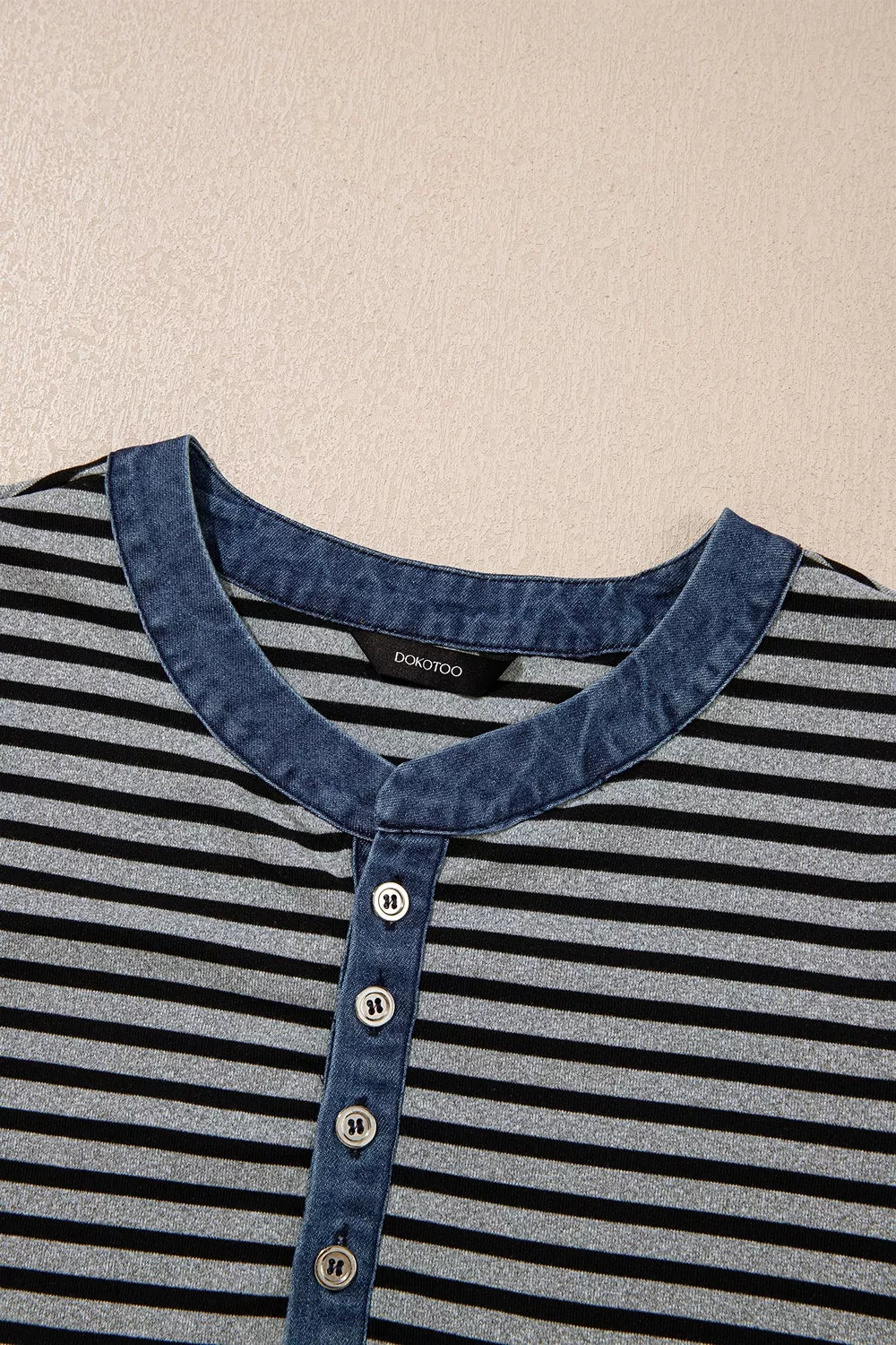 Stripe Denim Contrast Collar Half Button Long Sleeve Top - Lilixa.store