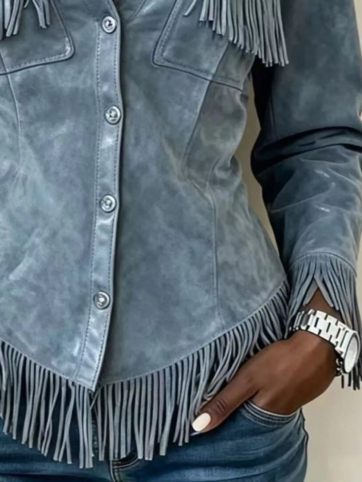 Full Size Fringed Snap Down Jacket Plus Size