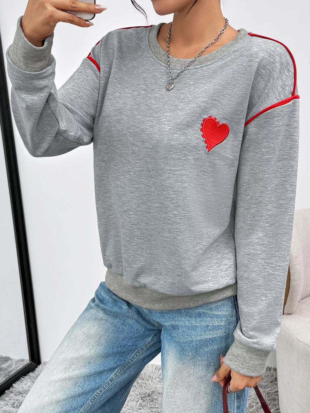 Heart Embroidered Round Neck Sweatshirt - Lilixa.store