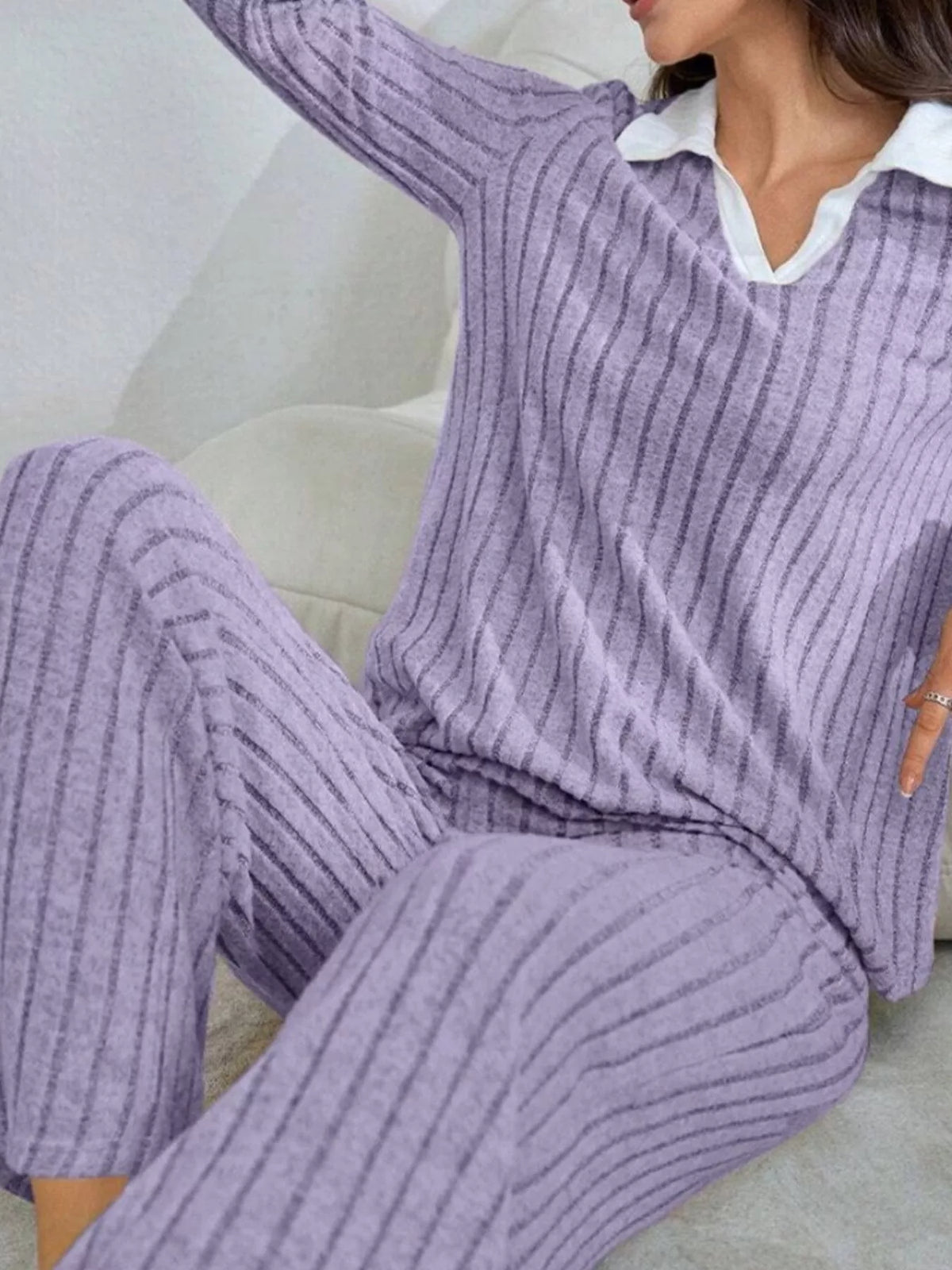 Ribbed Knit Polo Collar Top and Pants Lounge Set - Lilixa.store