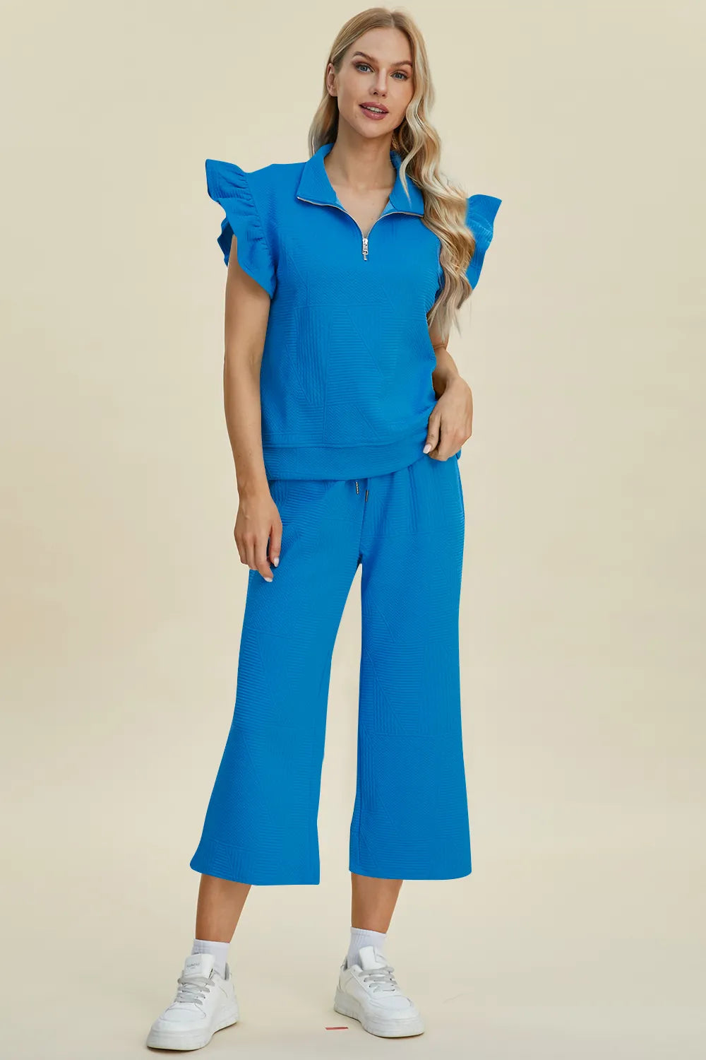 Double Take Full Size Texture Ruffle Short Sleeve Top and Wide Leg Pants Set, view 19