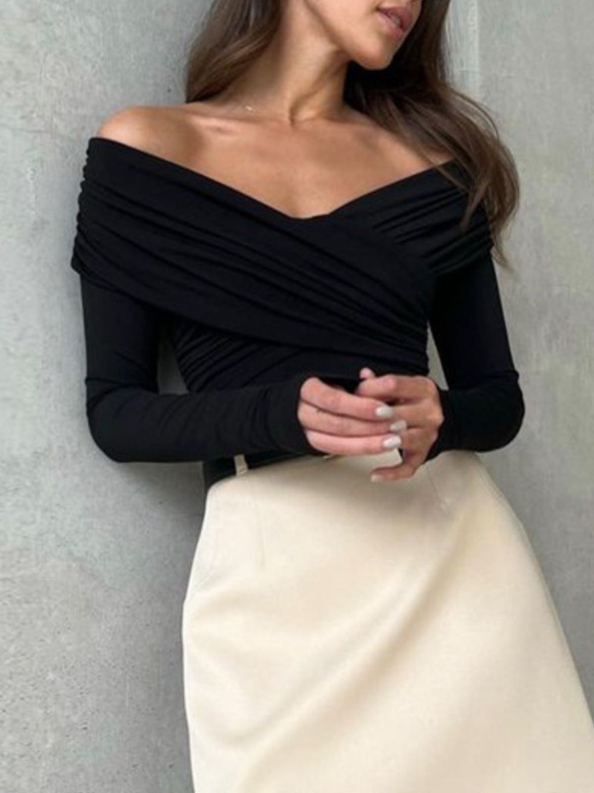 Off-Shoulder Ruched Long Sleeve Bodysuit - Lilixa.store