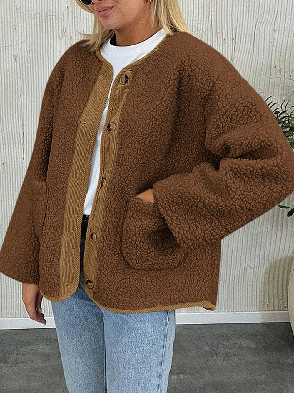 Contrast Button Up Sherpa Jacket with Pockets, view 13