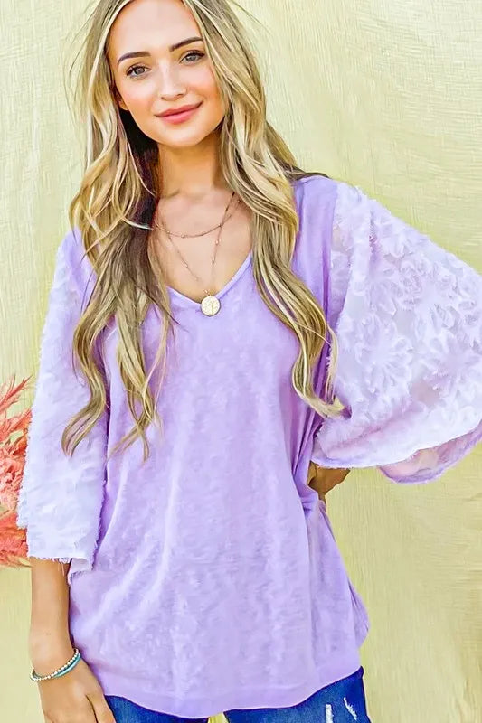 And The Why Feather Detailed 3/4 Sleeve Slub Top in Lilac