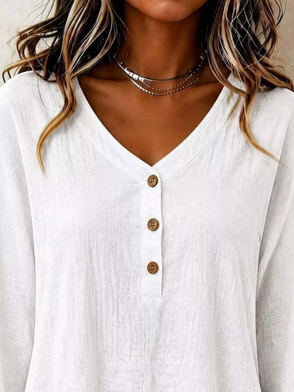 V-Neck Long Sleeve Button Detail Ruffled Hem Blouse - Lilixa.store