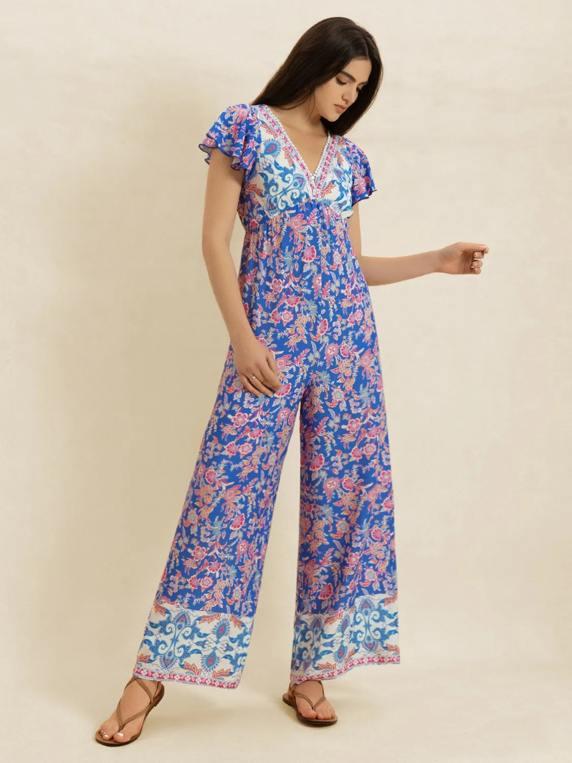 Printed V-Neck Wide Leg Jumpsuit - Lilixa.store