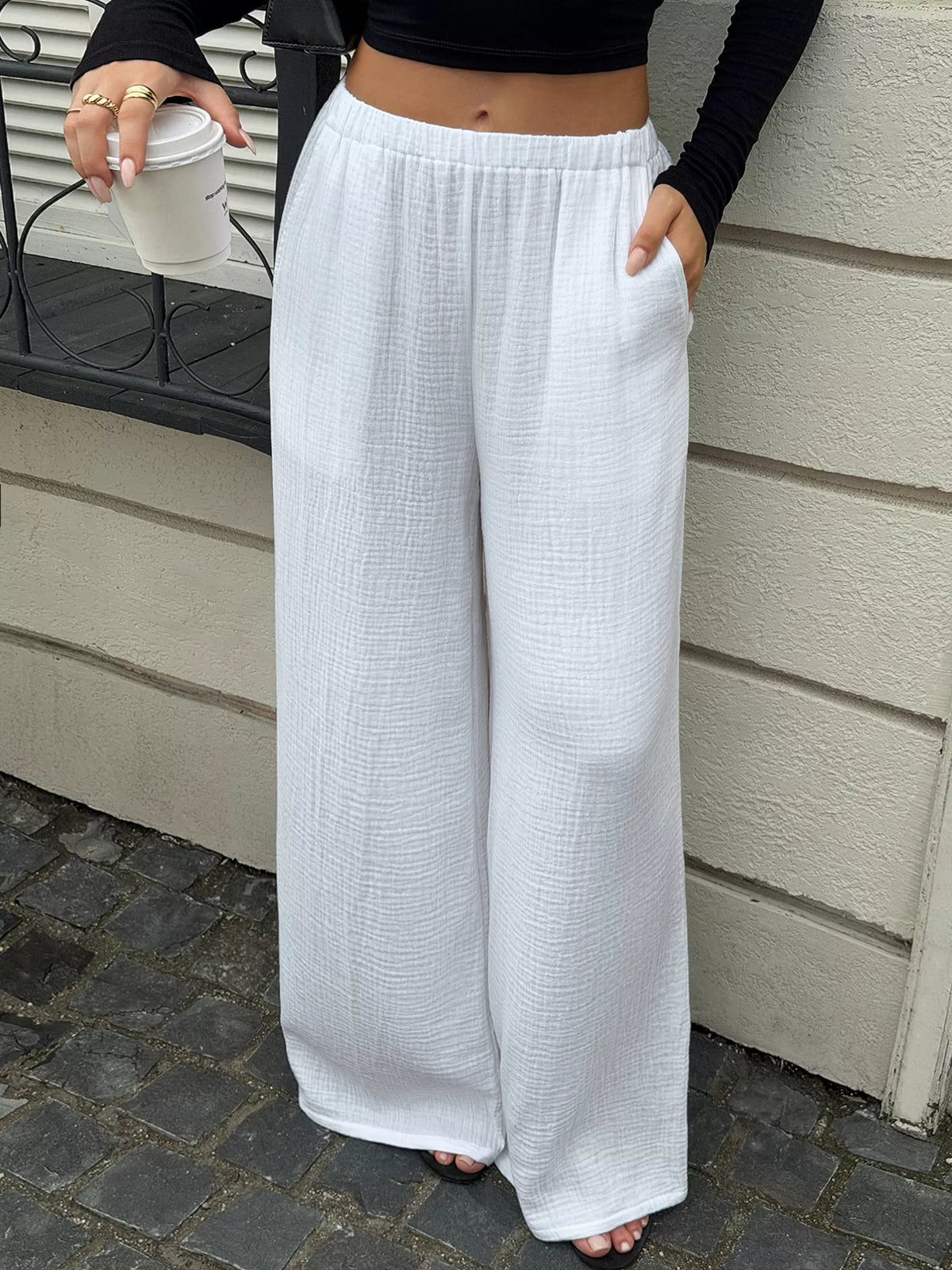 Textured Wide-Leg Casual Pants