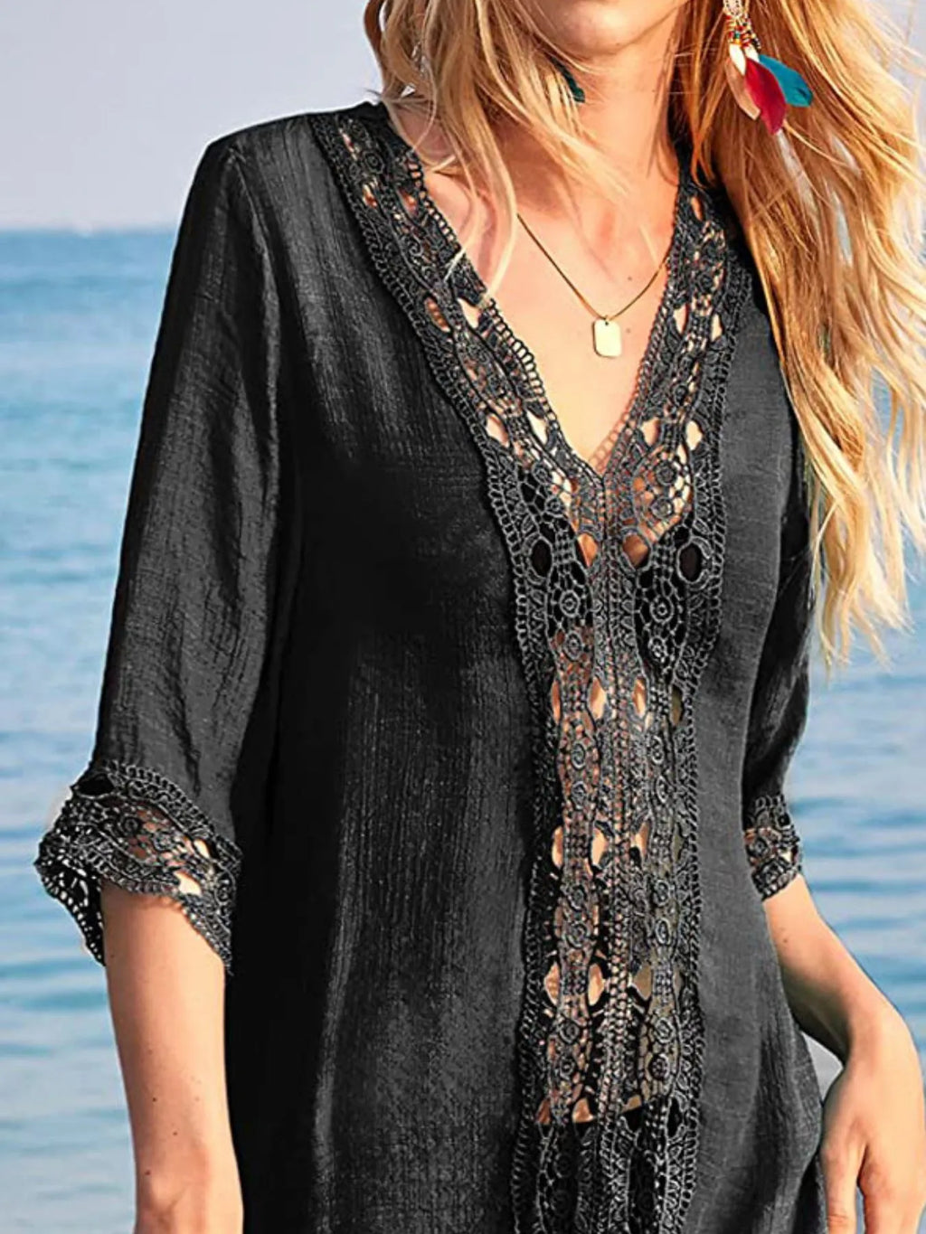 Lace Trim V-Neck Cover-Up - Lilixa.store