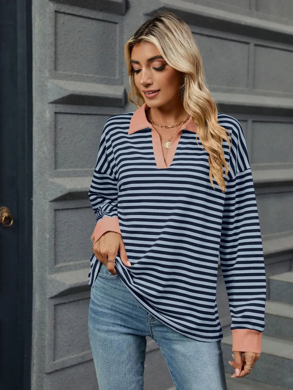 Striped Johnny Collar Long Sleeve Sweatshirt - Lilixa.store