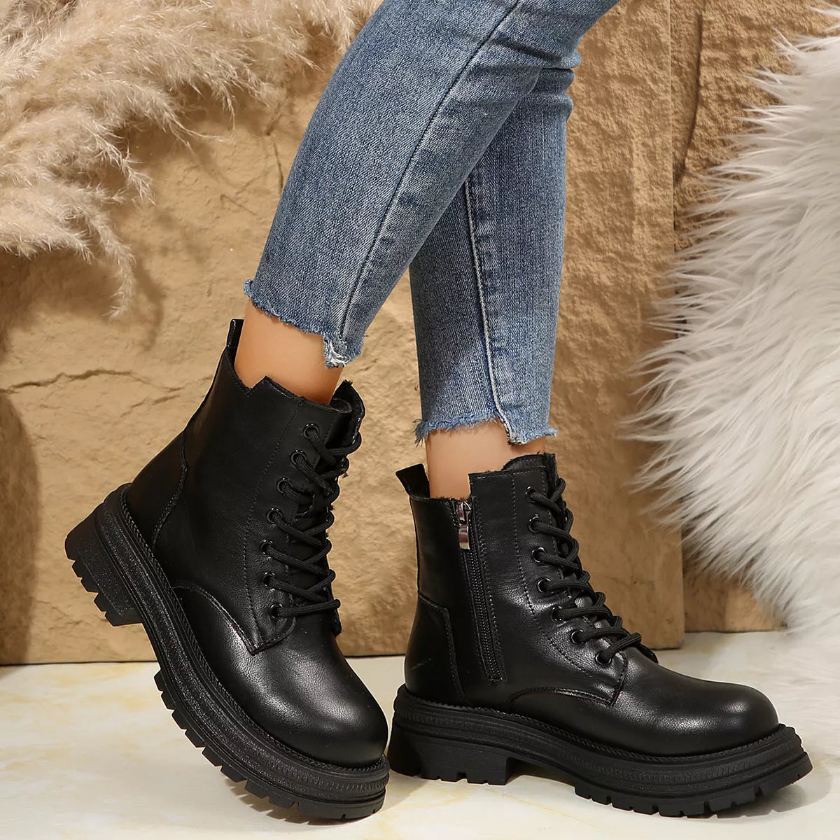 Lace Up Round Toe Platform Boots - Lilixa.store