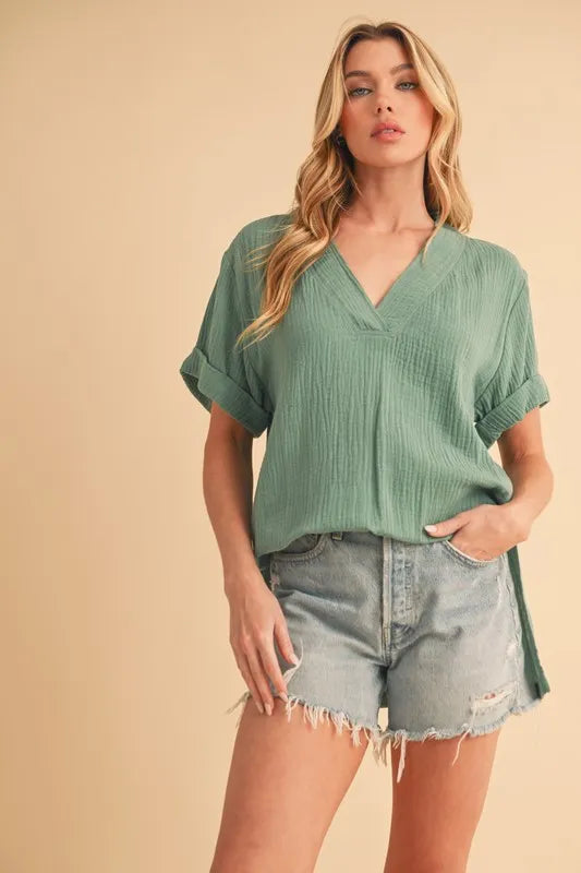 Aemi + Co Side Slit V-Neck Short Sleeve Blouse - Lilixa.store