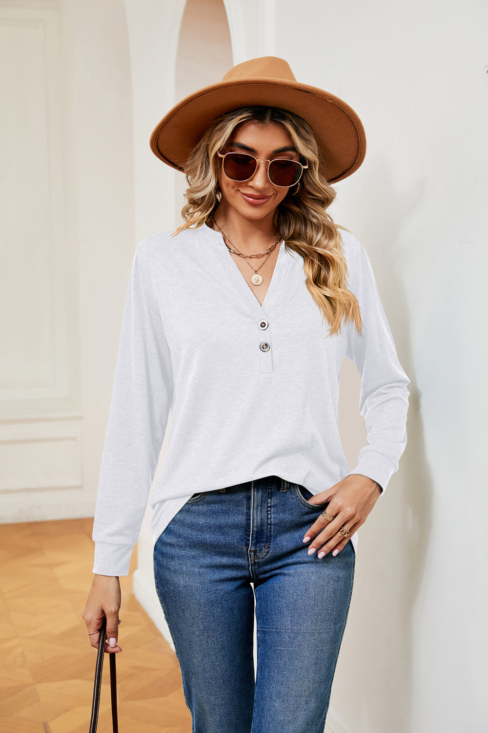 Buttoned Notched Neck Long Sleeve Top in White