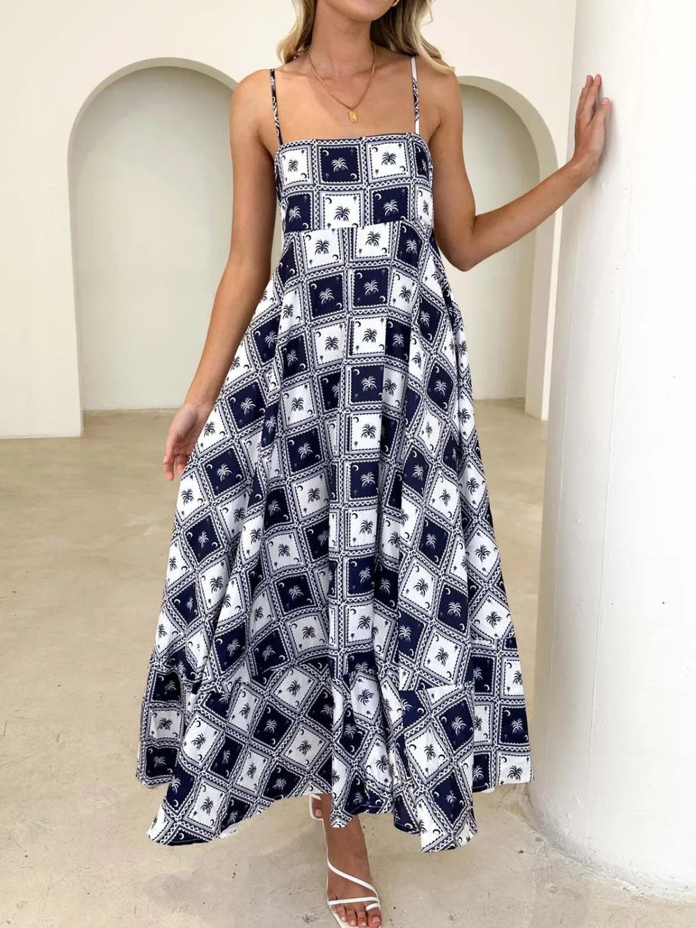 Printed Square Neck Midi Cami Dress - Lilixa.store