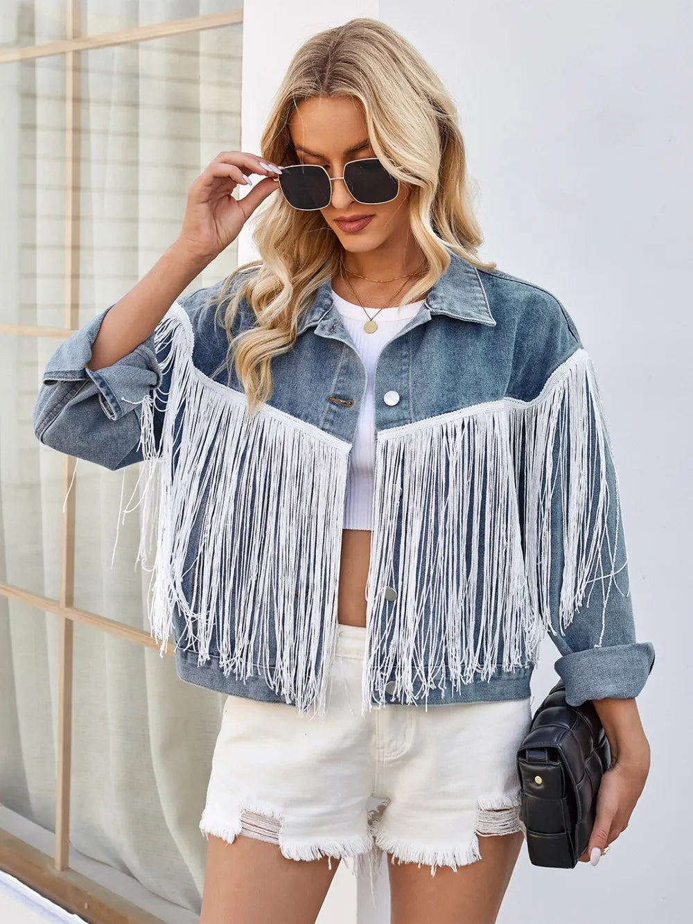 Tassel Button Up Dropped Shoulder Denim Jacket in Black, view 5