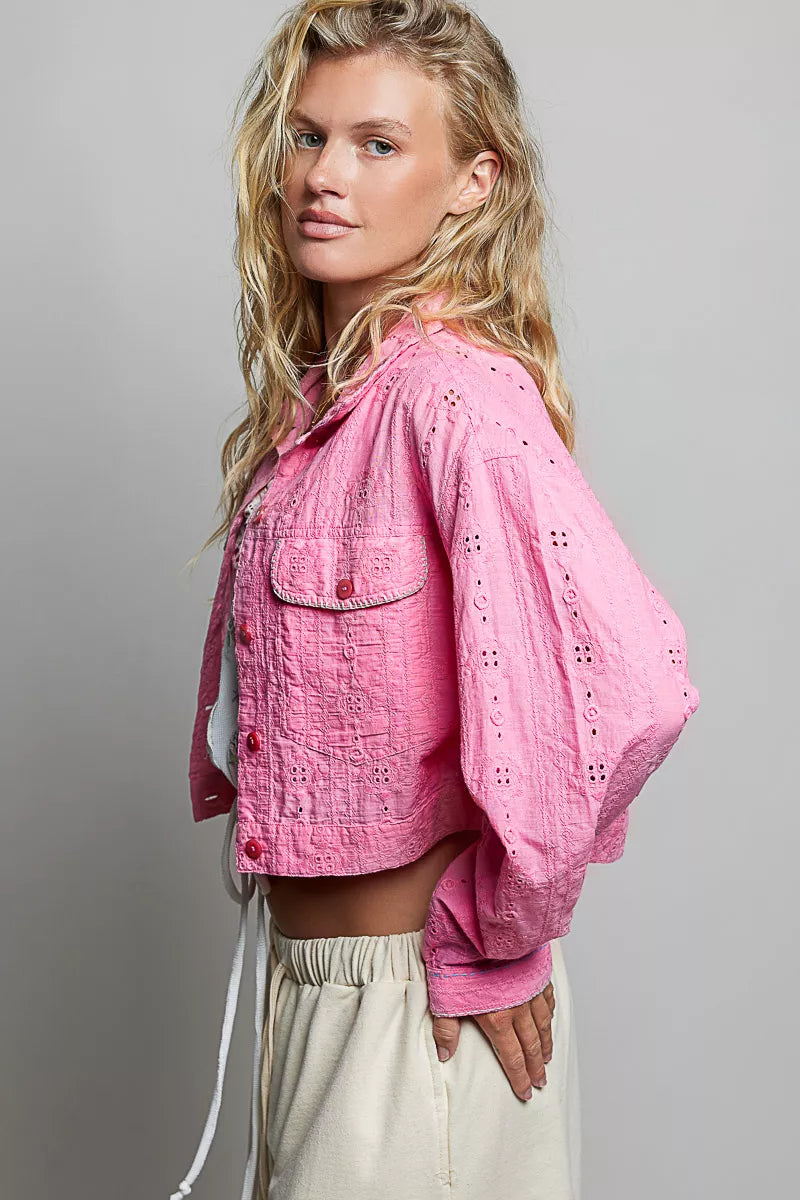 POL Eyelet Textured Cotton Cropped Button-Front Jacket in Candy Pink, view 2