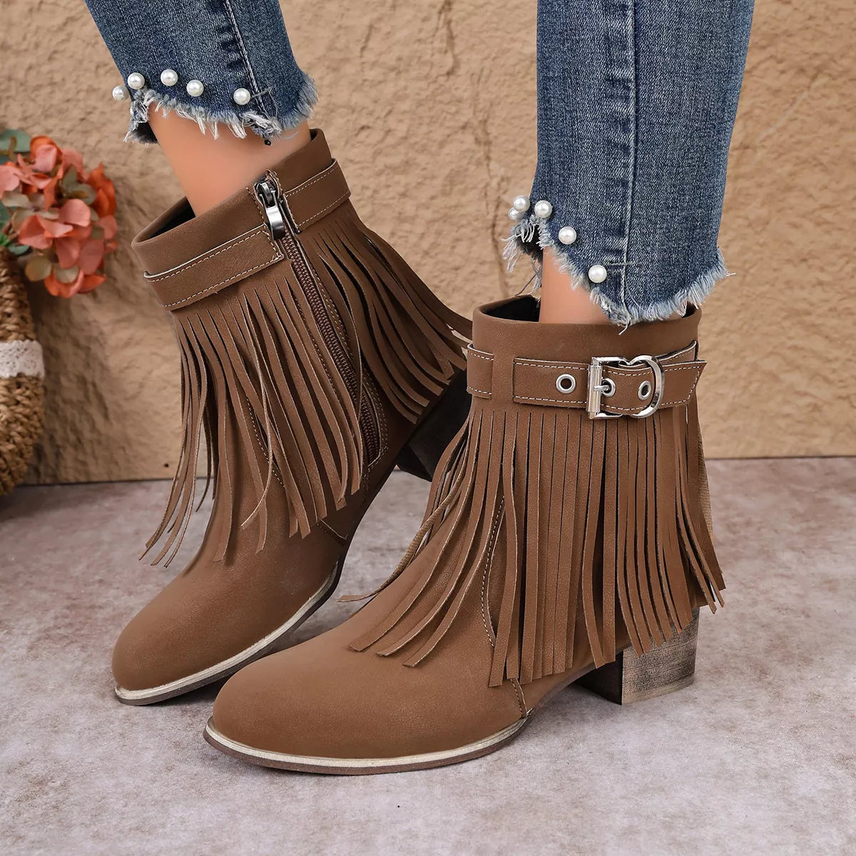 Fringe Ankle Boots with Buckle Detail, view 4