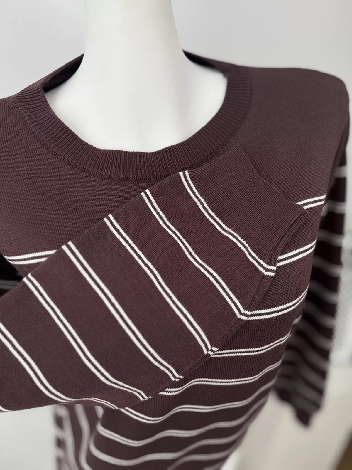 Classic Striped Crewneck Knit Top with Layered Sweater Detail, view 27