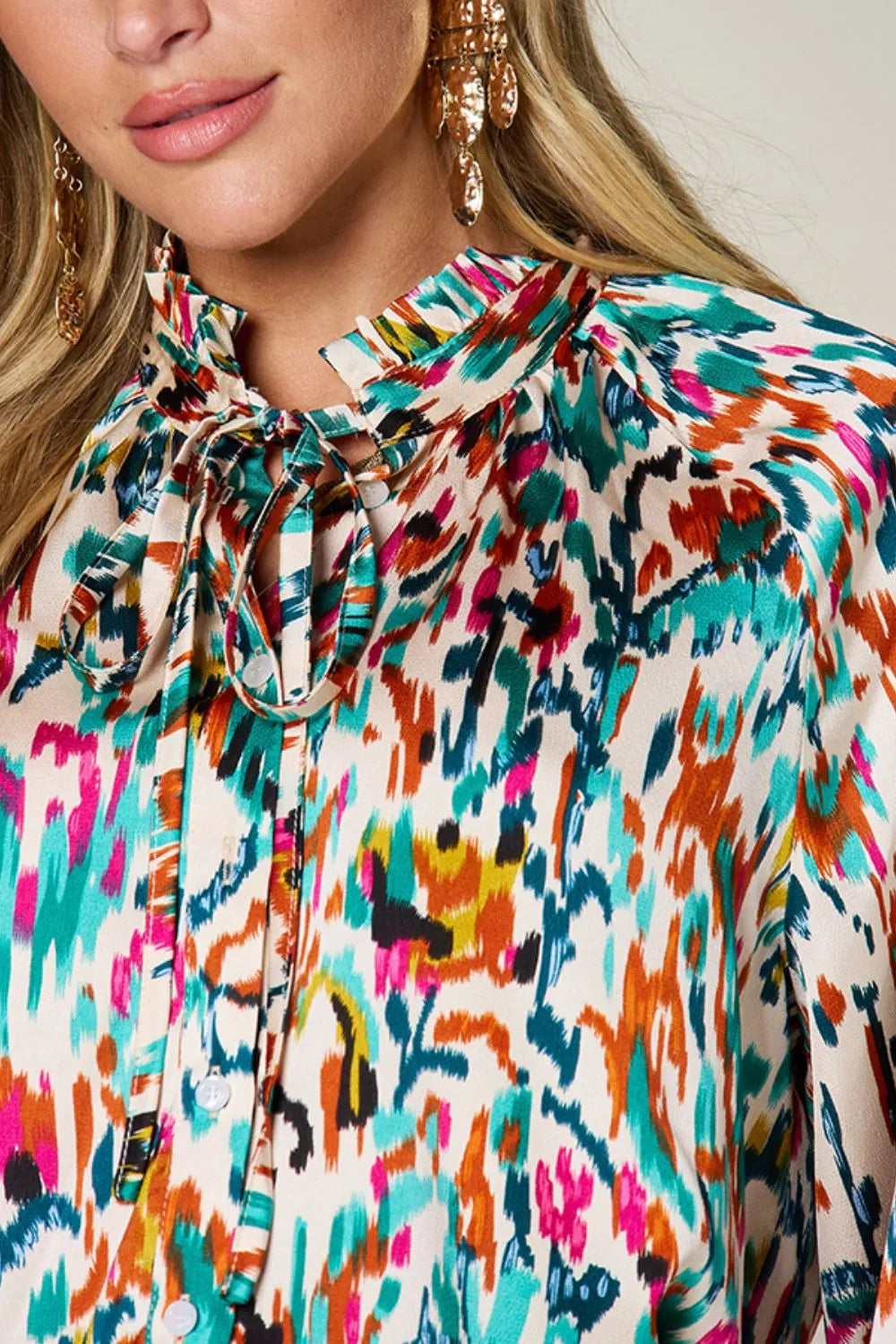 Double Take Full Size Printed Button Up Long Sleeve Shirt - Lilixa.store