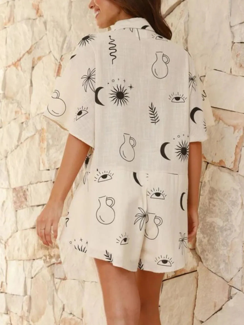 Printed Collared Neck Half Sleeve Romper - Lilixa.store