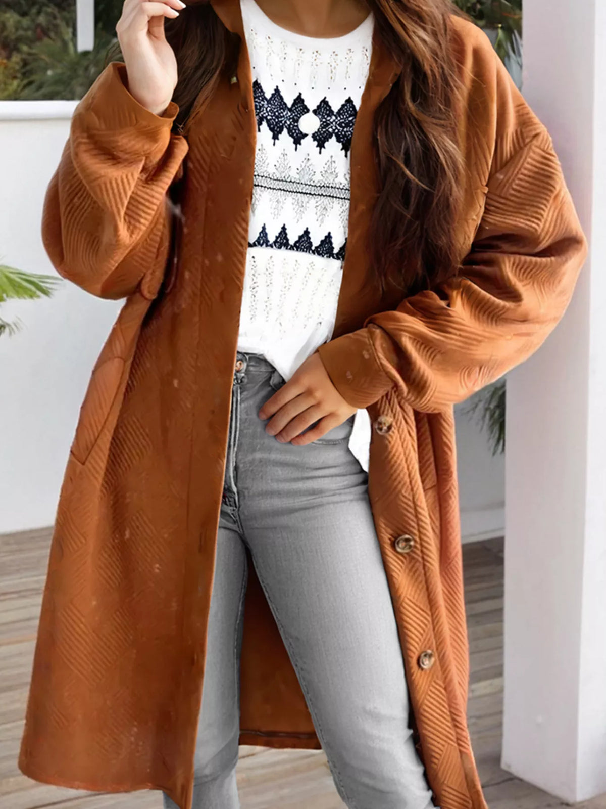 Textured Collared Drop Shoulder Buttoned Front Coat in Caramel
