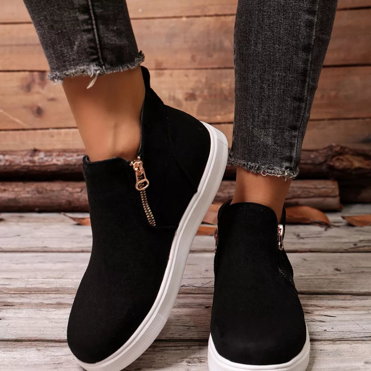 Suede Ankle Boots with Side Zipper in Black