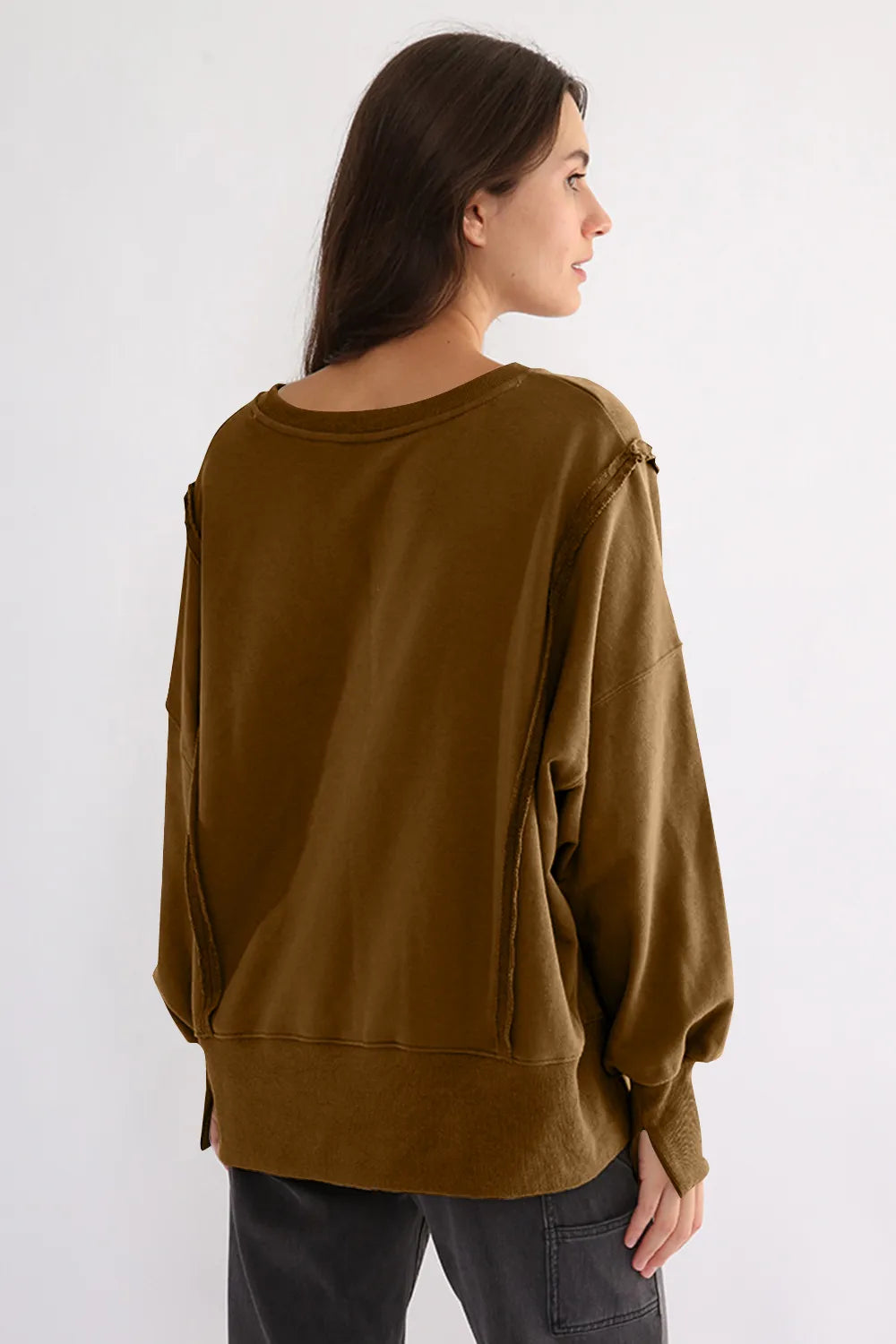 Exposed Seam High-Low Long Sleeve Sweatshirt - Lilixa.store