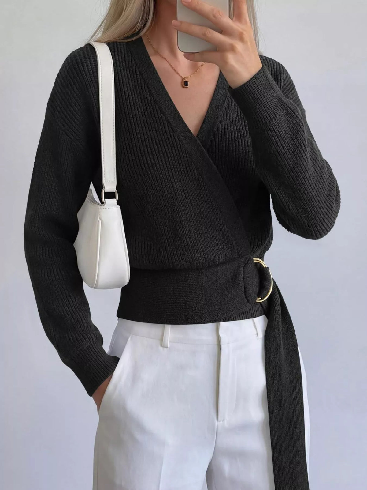 Metal Ring Detail Dropped Shoulder Sweater - Lilixa.store