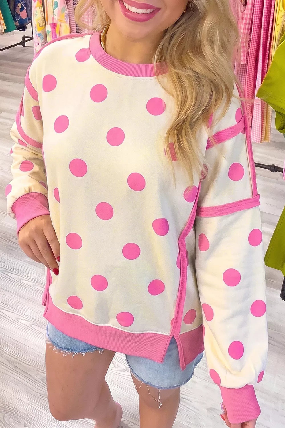 Polka Dot Crew Neck Sweatshirt - Lilixa.store