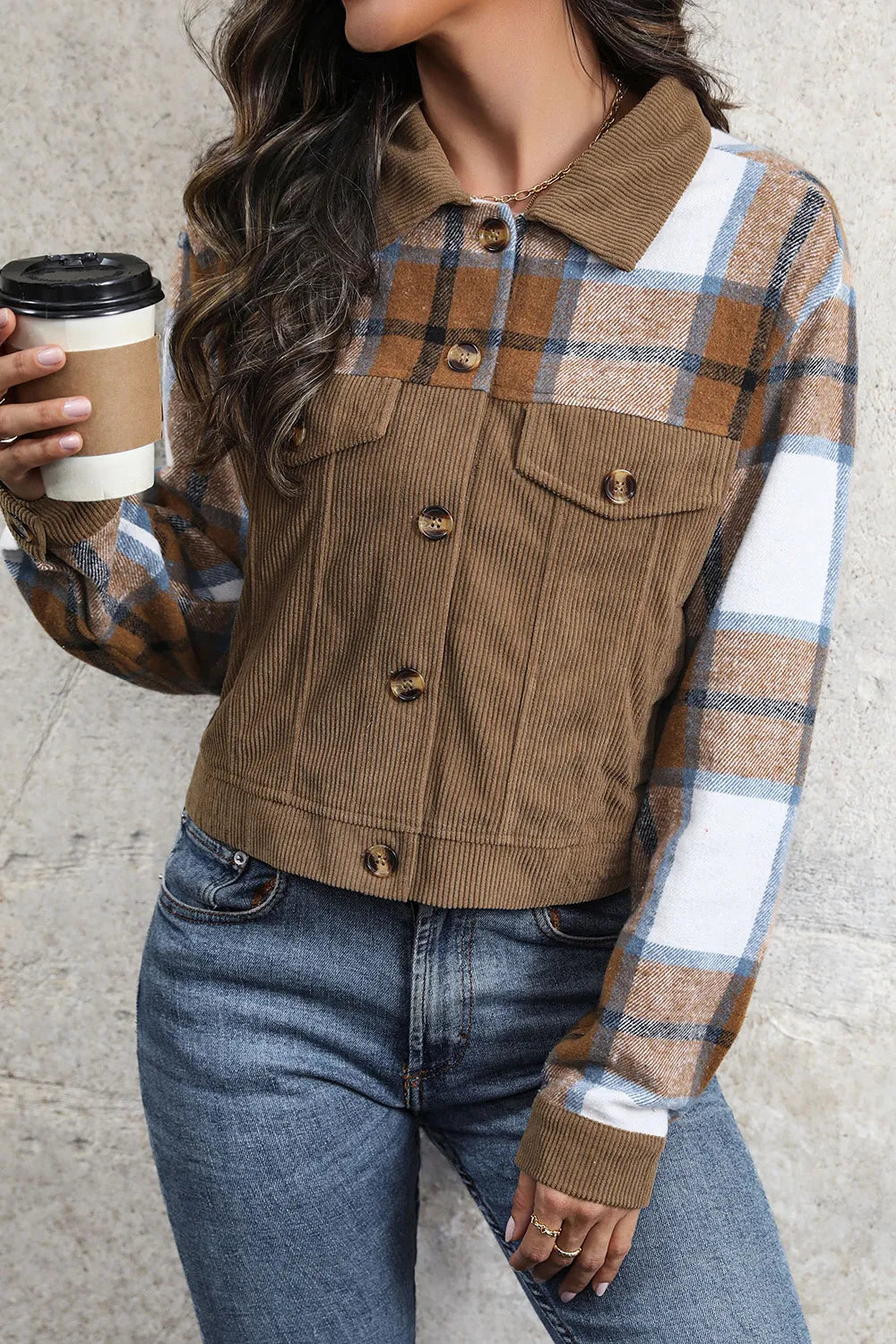 Perfee Plaid Button Up Collared Neck Jacket in Brown, view 3