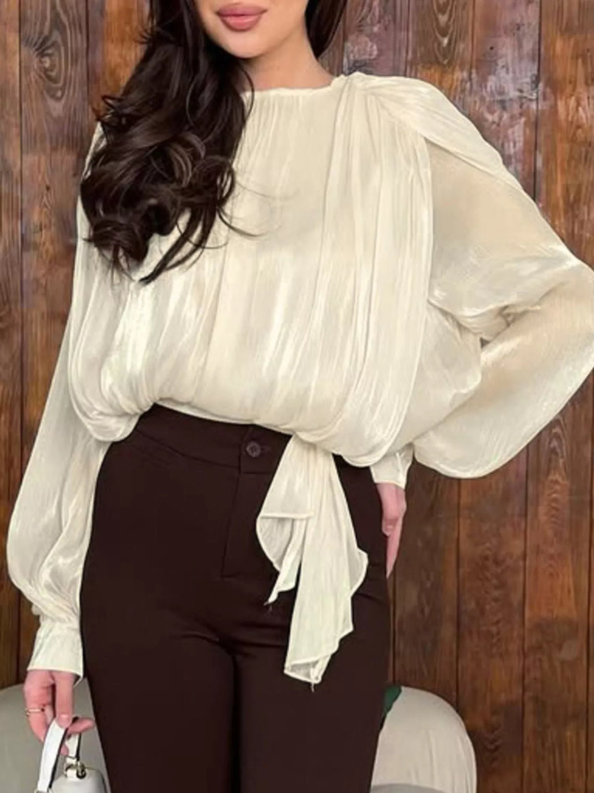 Metallic Sheen Blouse with Tie Detail in Beige, view 4