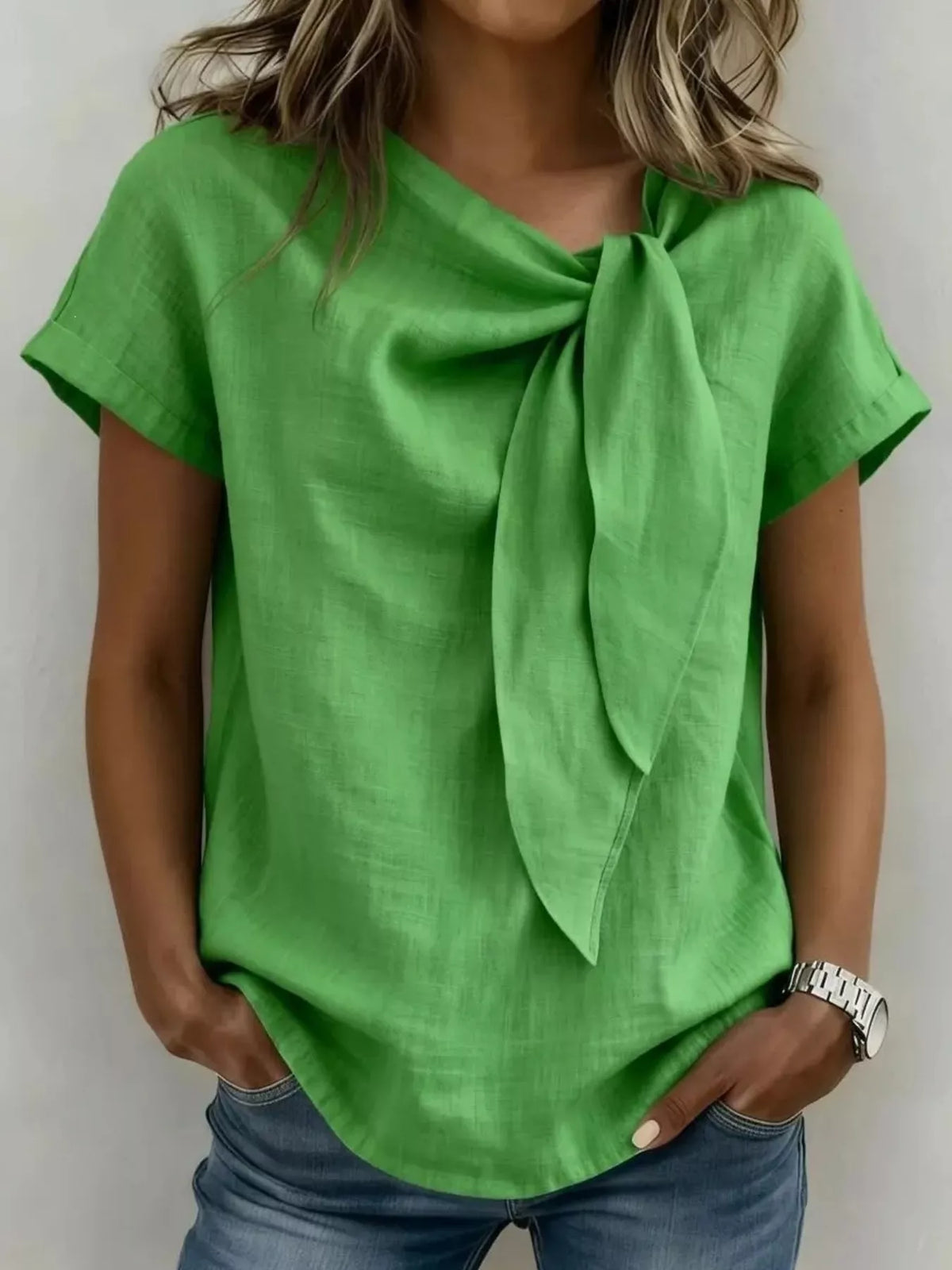 Full Size Bow Tie Neck Short Sleeve Blouse Plus Size - Lilixa.store
