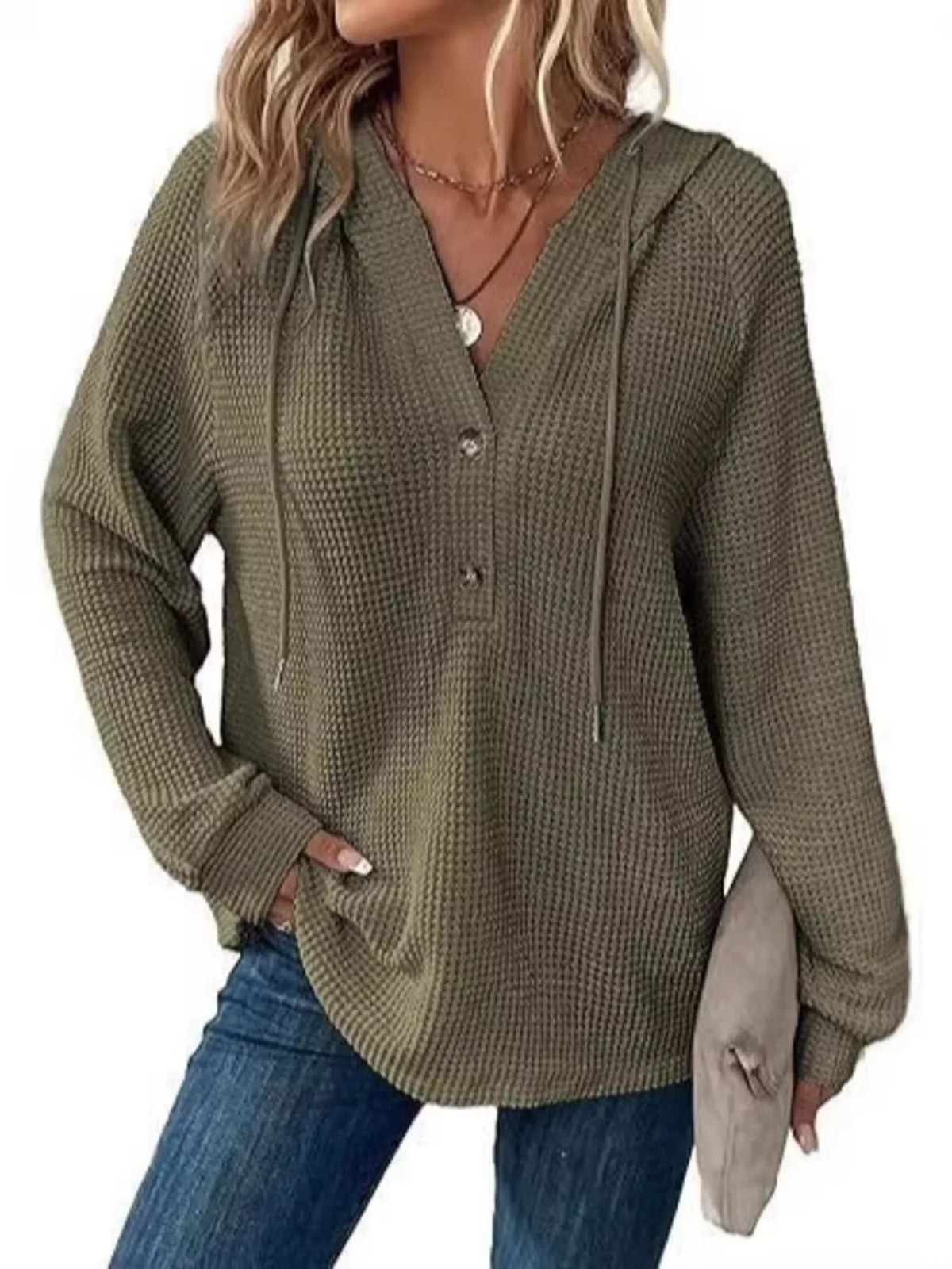 Full Size Waffle Knit Half-Button Hoodie Plus Size - Lilixa.store