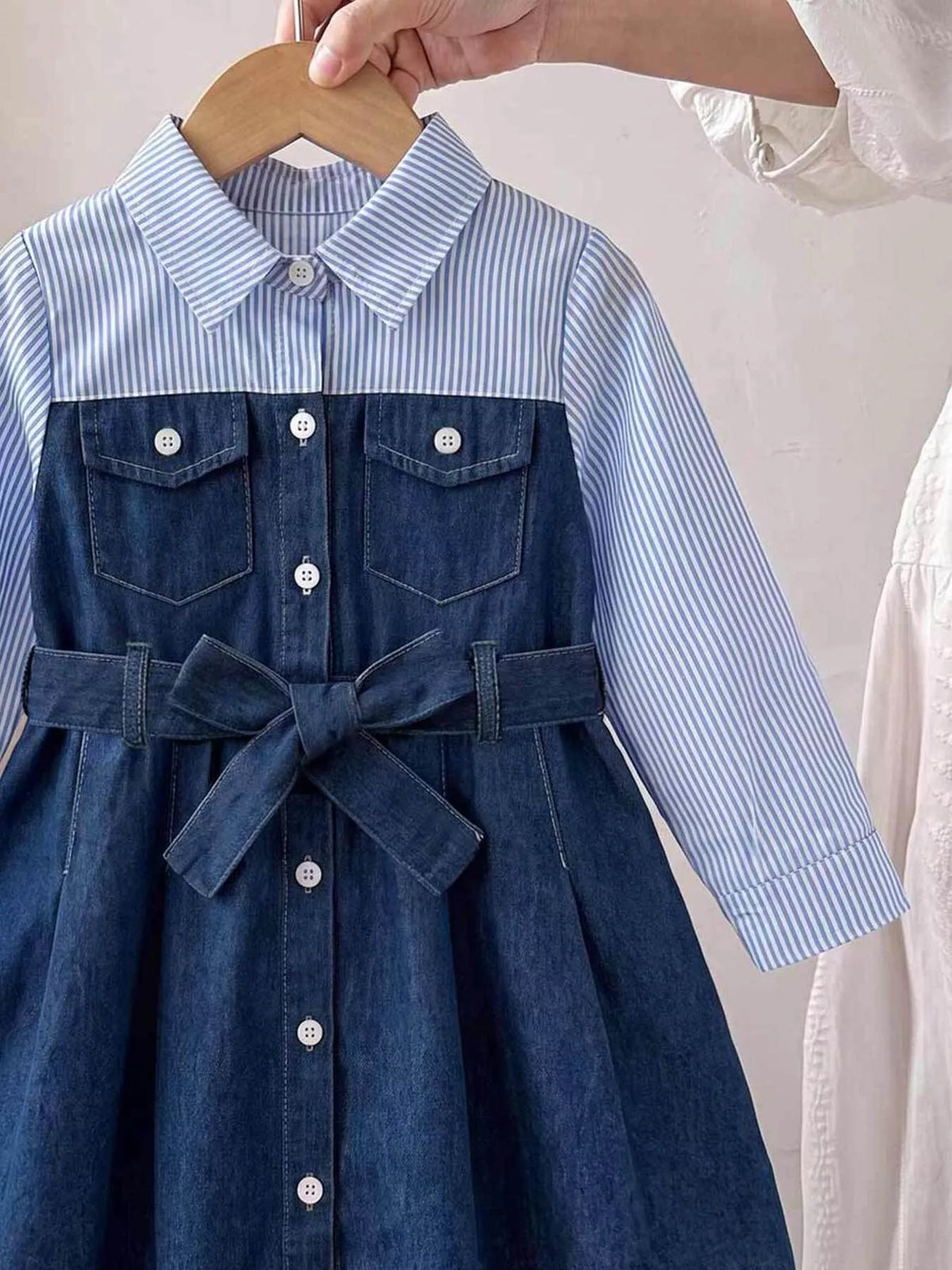 Children's Contrast Striped Denim Patchwork Dress with Belt in Blue, view 2