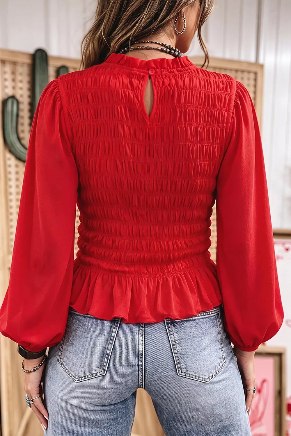 Smocked Balloon Sleeves Peplum Blouse - Lilixa.store