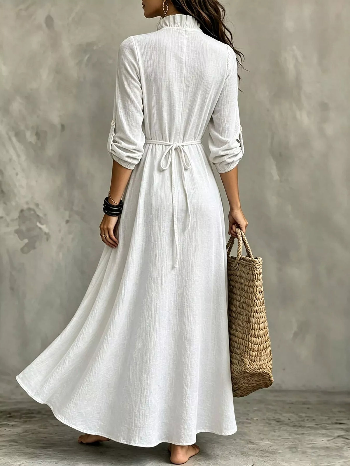 Full Size V-Neck Maxi Dress with Roll-Up Sleeves Plus Size - Lilixa.store
