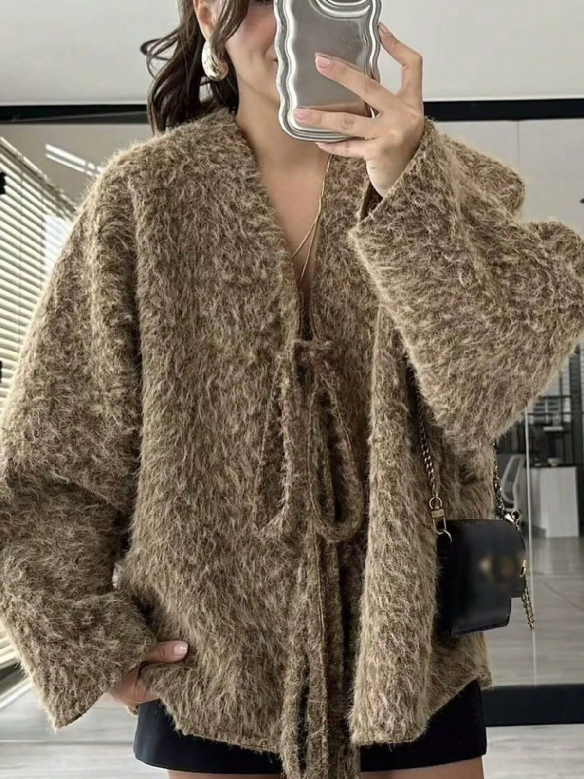 Textured Knit Tie-Front Outerwear - Lilixa.store