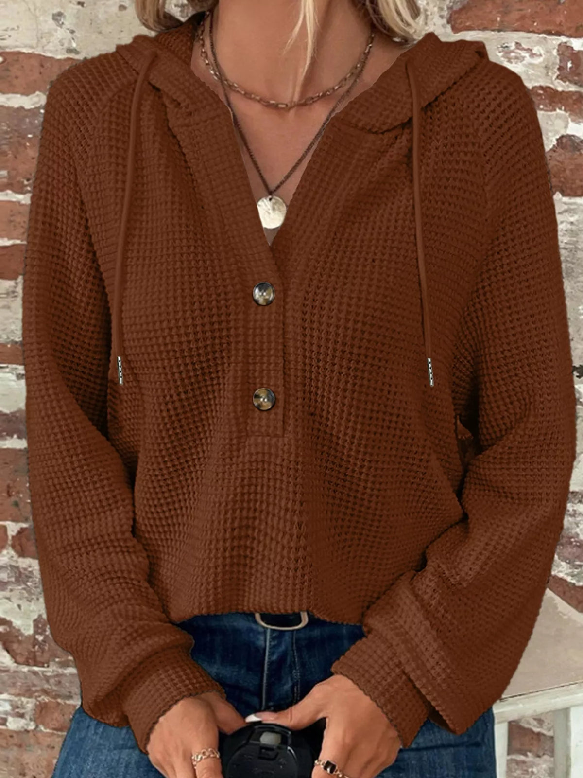 Casual Waffle Knit Button Detail Hoodie - Lilixa.store
